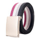 Striped canvas belt with flip-top metal buckle and bottle opener, black white magenta purple stripes