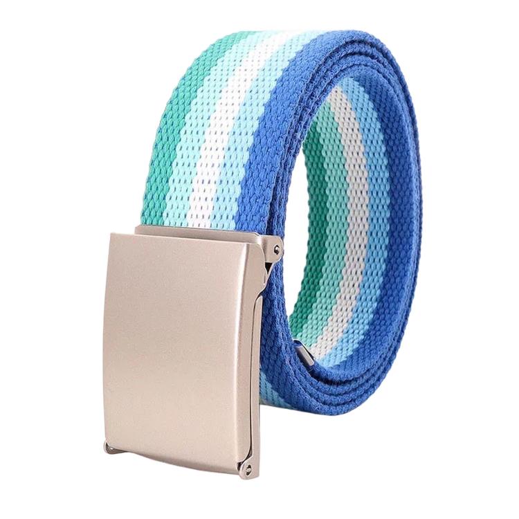 Striped canvas belt with flip-top metal buckle and bottle opener, teal white blue stripes