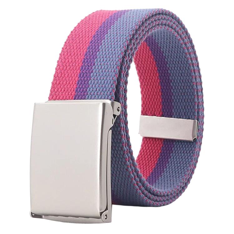 Striped canvas belt with flip-top metal buckle and bottle opener, pink blue purple-red stripes