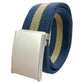 Striped canvas belt with flip-top metal buckle and bottle opener, navy blue cream stripe