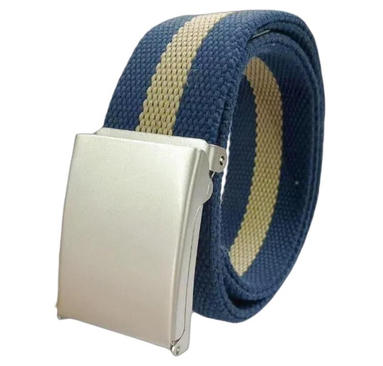 Striped canvas belt with flip-top metal buckle and bottle opener, navy blue cream stripe