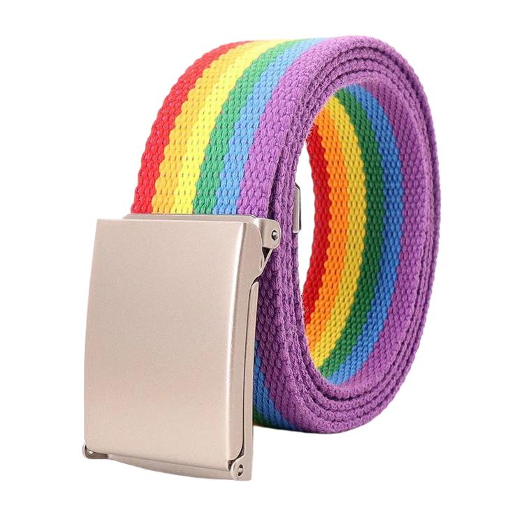 Striped canvas belt with flip-top metal buckle and bottle opener, purple rainbow stripes