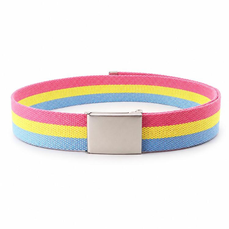 Striped canvas web belt with rectangular metal buckle, pink yellow and blue stripes