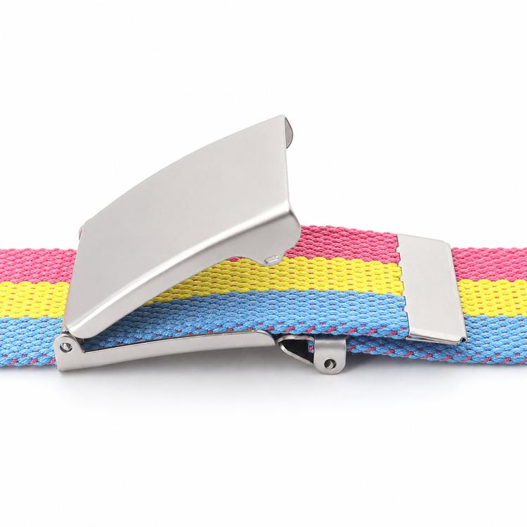Striped web belt with flip-top bottle opener style metal head and rectangular clamp