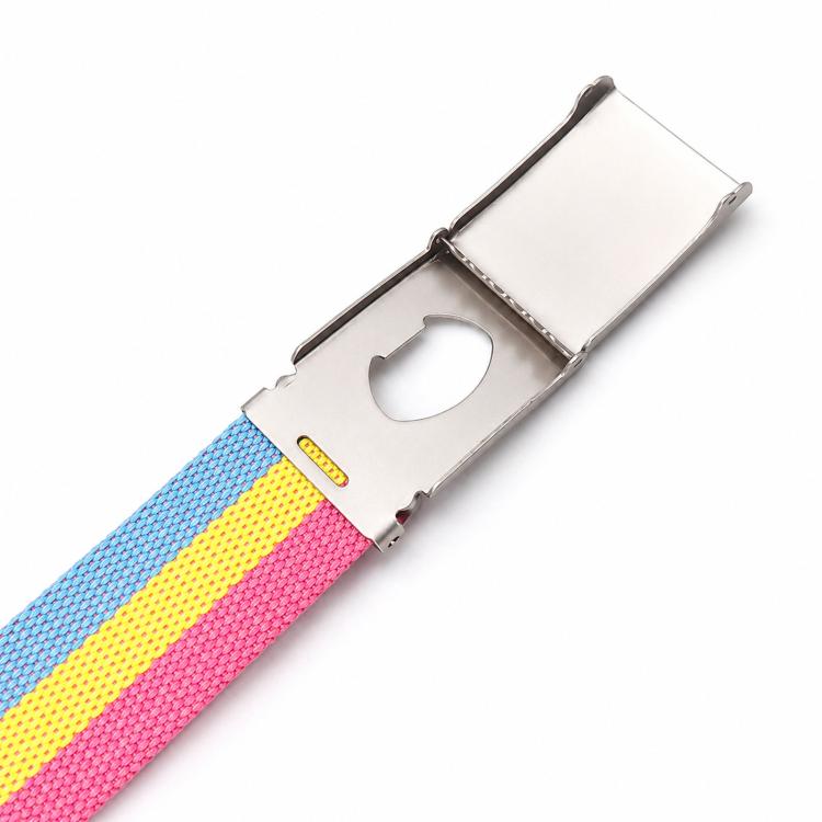Metal bottle opener clamp on striped canvas web belt with circular center cutout