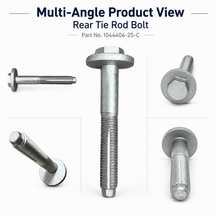 Rear tie rod bolt shown from multiple angles; hex flange head and threaded body.