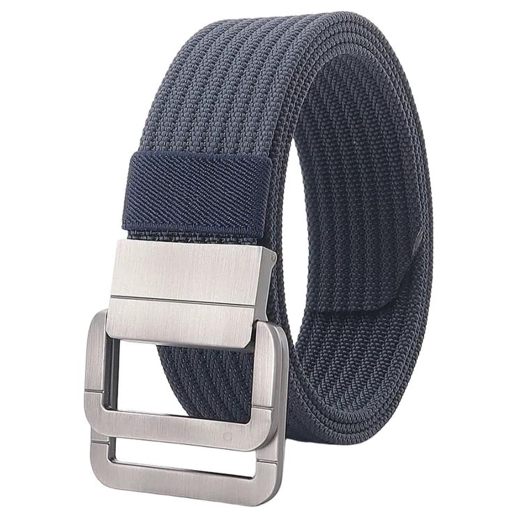 Nylon belt with automatic alloy buckle, dark navy woven strap and silver buckle