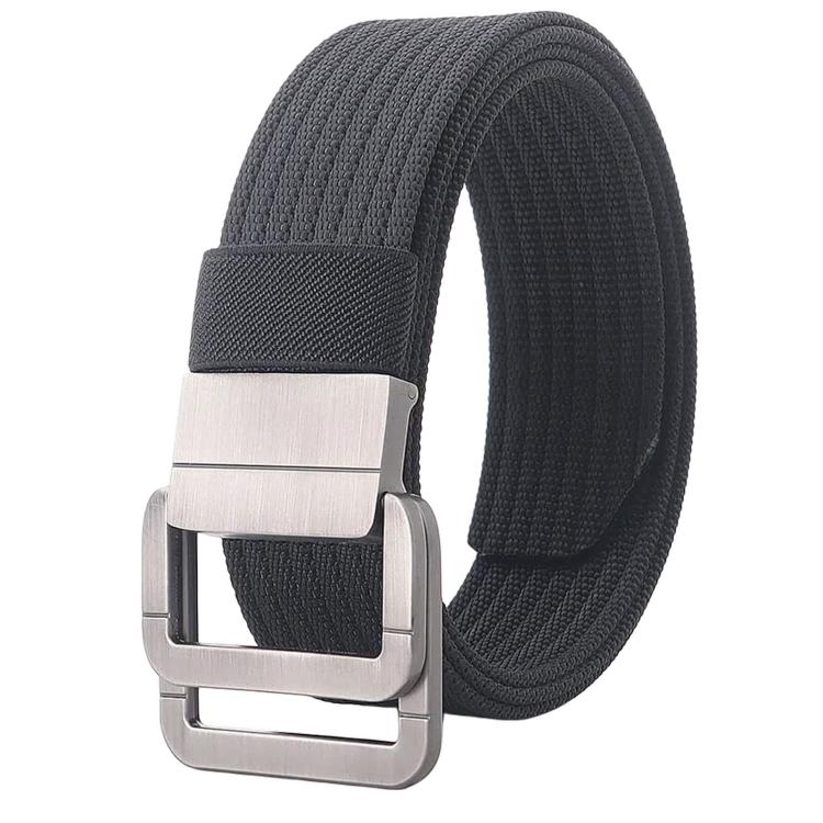 Nylon belt with automatic alloy buckle, dark gray woven strap and silver buckle