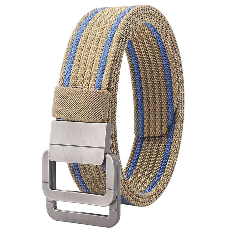 Striped nylon belt with silver automatic buckle, khaki base and blue edge lines