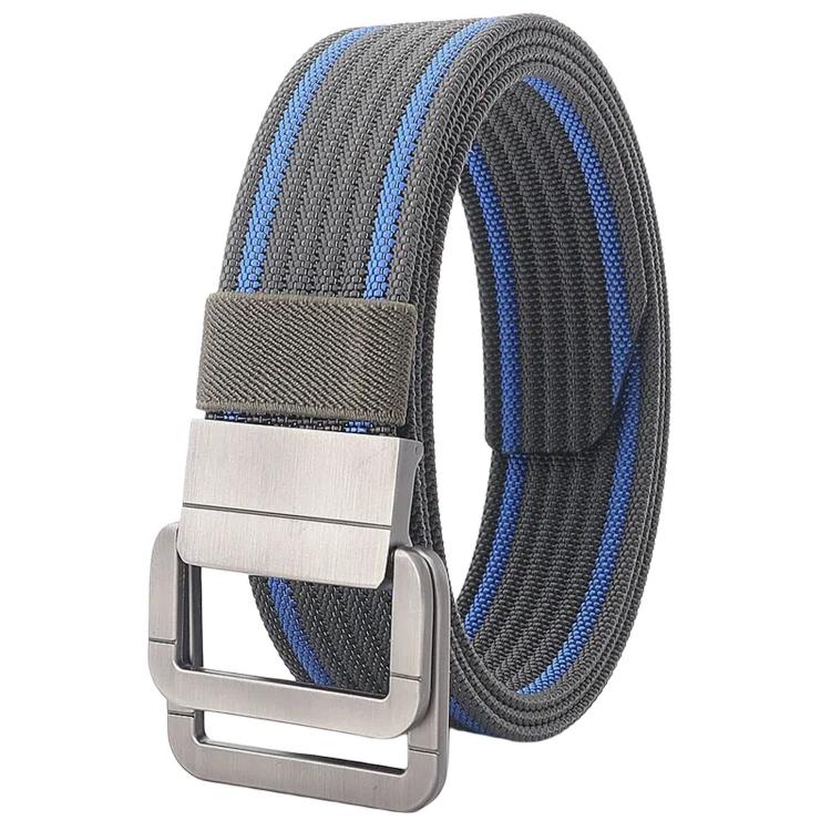 Striped nylon belt with silver automatic buckle, gray base and blue edge lines