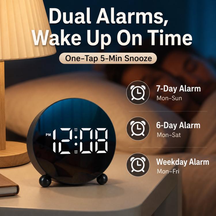 Circular LED Digital Alarm Clock Dimmable Bedside Desk Clock With Dual Alarms