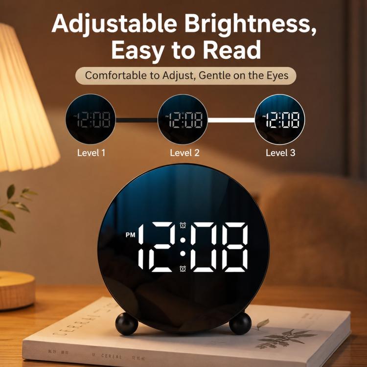 Circular LED Digital Alarm Clock Dimmable Bedside Desk Clock With Dual Alarms