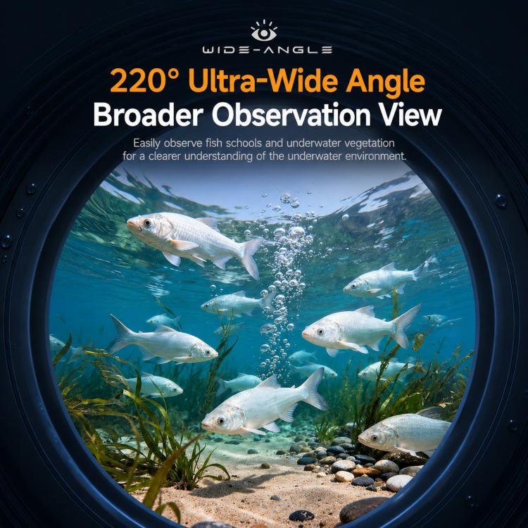 Ultra-wide underwater camera view with fish in a circular lens window
