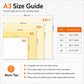 A3 size guide chart for high-gloss photo paper with dimensions for A3 and A4