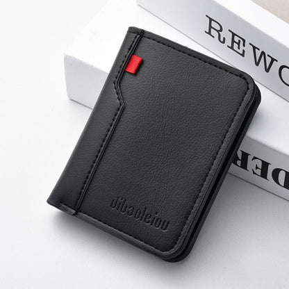 Men's vertical bi-fold billfold wallet in black with red accent and stitched edges