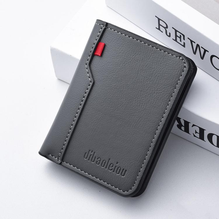 Men's vertical bi-fold billfold wallet in grey with red accent and contrast stitching