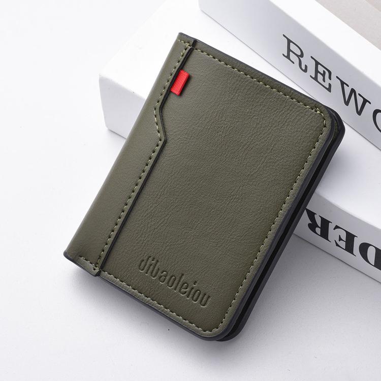 Men's vertical bi-fold billfold wallet in green with red accent and stitched border