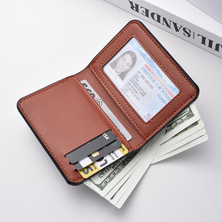 Men's bi-fold wallet in brown open with card slots and ID window
