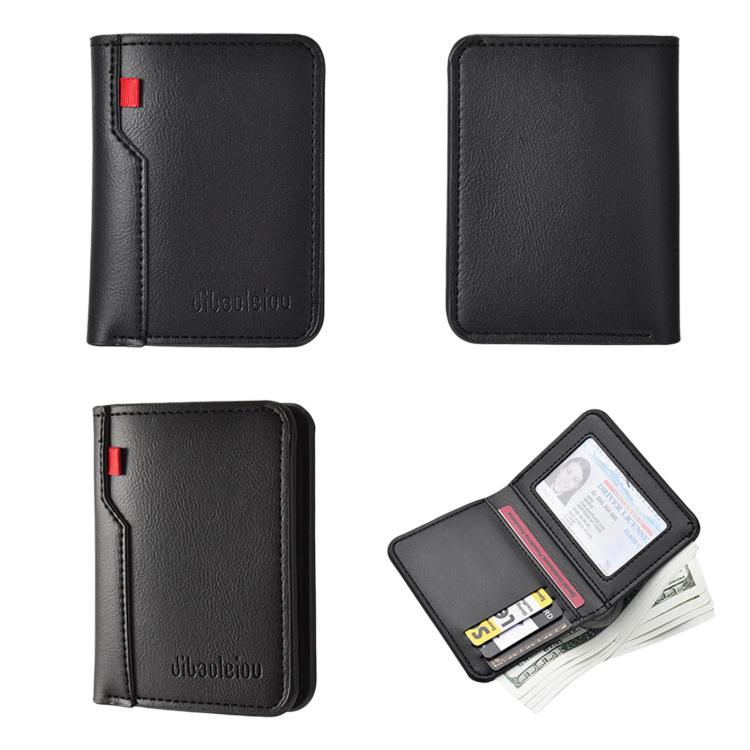 Men's black vertical bi-fold wallet set: front, back, and open with cards