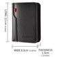Men's black vertical bi-fold wallet with red tab; shown with size dimensions 8.3cm