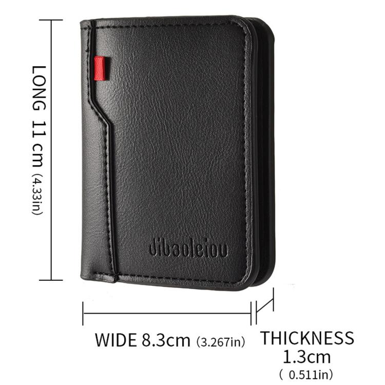 Men's black vertical bi-fold wallet with red tab; shown with size dimensions 8.3cm
