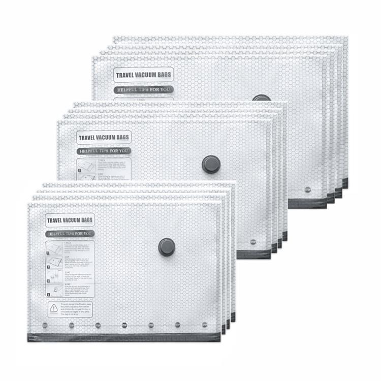 Multiple clear vacuum compression bags with round valve caps and textured body