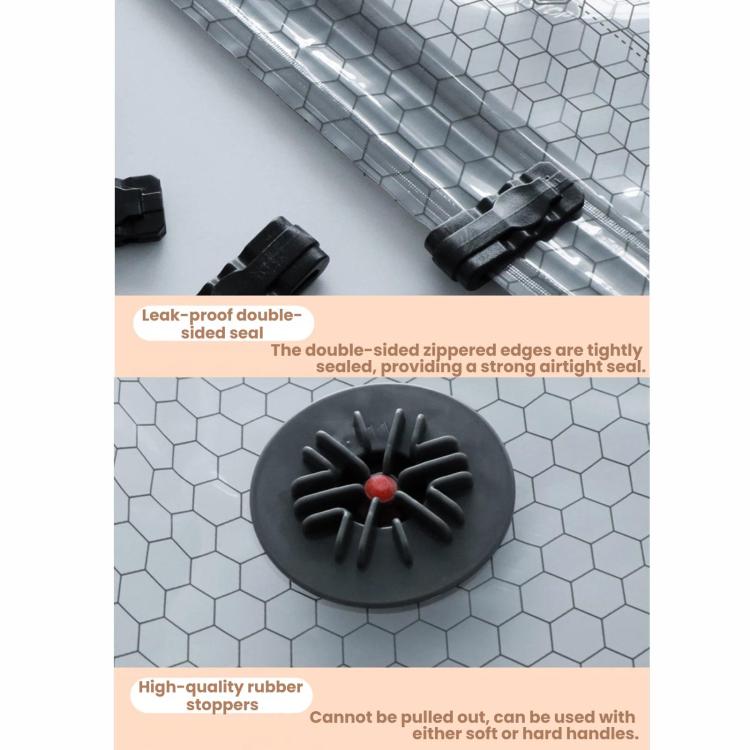 Close-up of vacuum bag hex-pattern material, zipper-seal edge, and black valve stopper