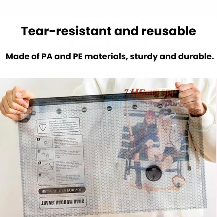 Reusable vacuum compression bag with valve cap, instruction panel, and tear-resistant material