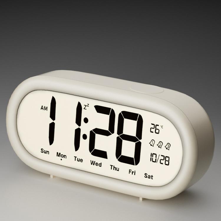 White digital alarm clock with large time, date, and temperature display icons