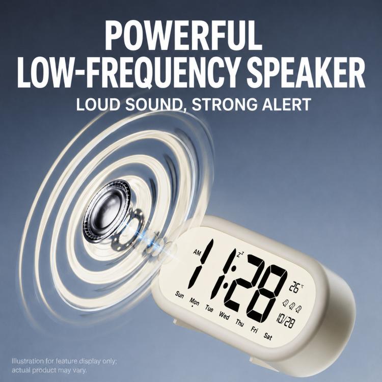 White digital alarm clock with speaker sound illustration and time, temperature display