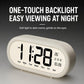 White digital alarm clock with clear backlit time, temperature, and date display