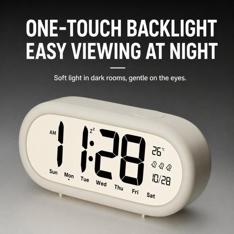 White digital alarm clock with clear backlit time, temperature, and date display
