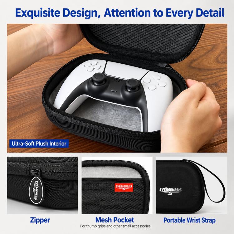 Black controller storage case with zipper, mesh pocket, and portable wrist strap