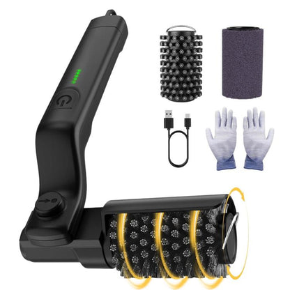 Black cordless electric rotating grill cleaning brush with replaceable bristle roller heads