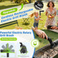 Cordless electric rotary grill brush held over grill grate, black handle with rotating head