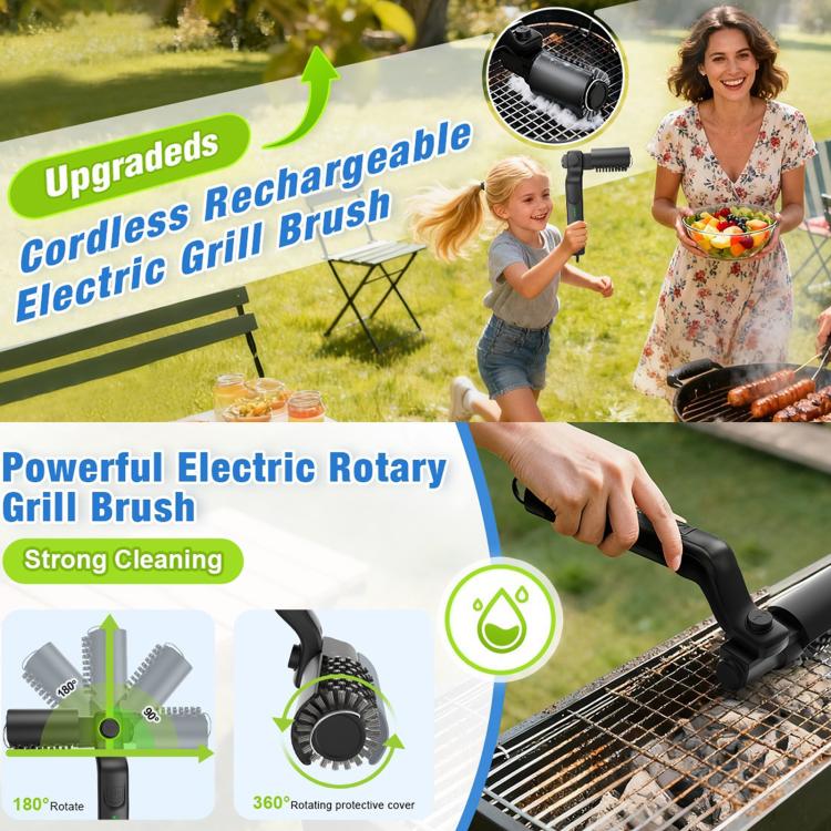 Cordless electric rotary grill brush held over grill grate, black handle with rotating head