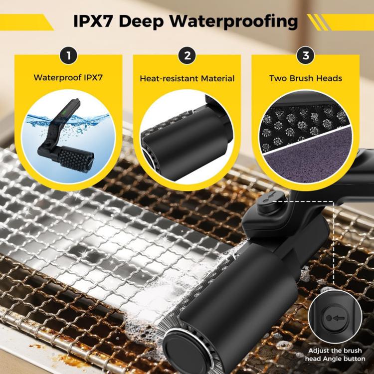 Black rotary grill cleaning brush with two brush heads on wet grill grate