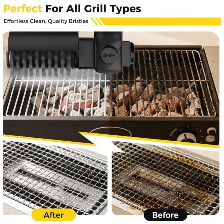 Black grill cleaning brush with bristle roller head on grill grate, before/after comparison
