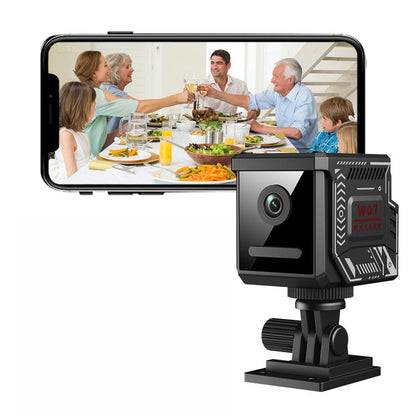 Black wireless security camera with adjustable desk stand and front lens