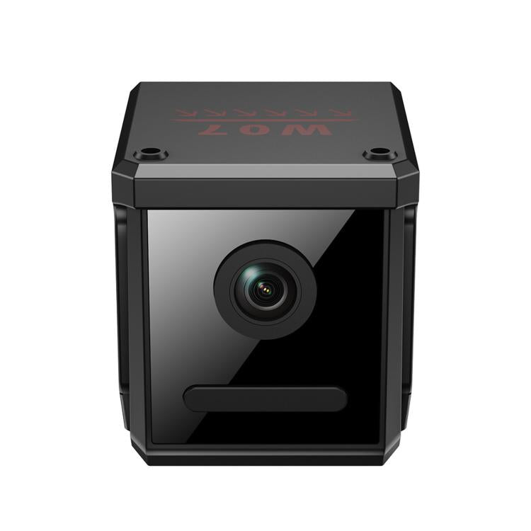 Black cube security camera with central lens and top ventilation slots