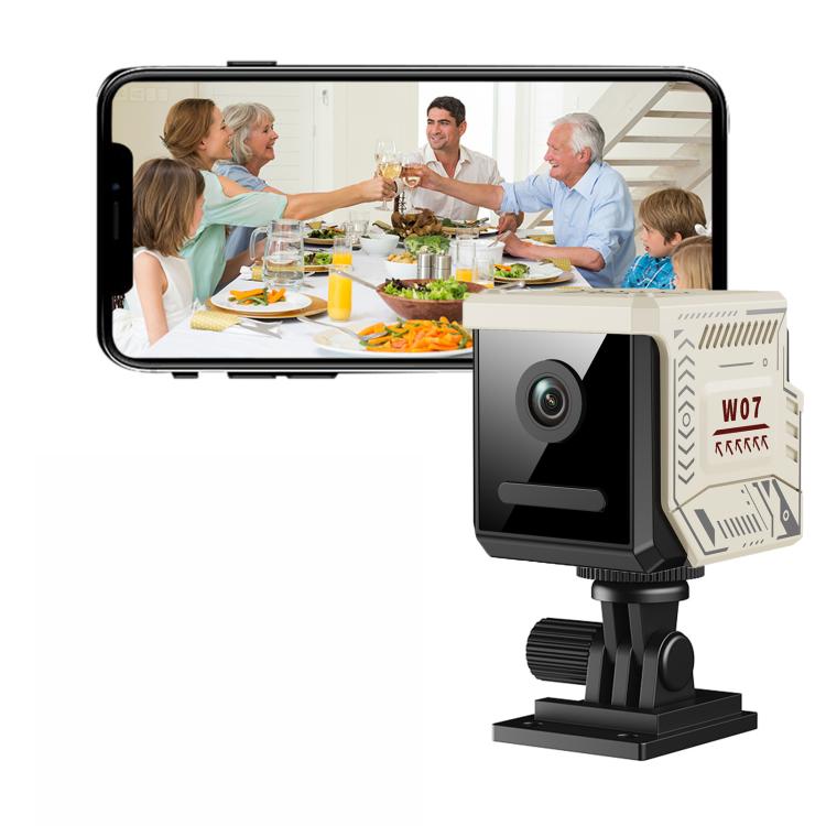 Black wireless security camera with front lens on adjustable clip-on stand