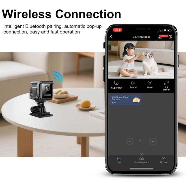 Wireless security camera on a small tabletop stand with smartphone app view