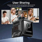 Black security camera with user sharing app tiles and front lens
