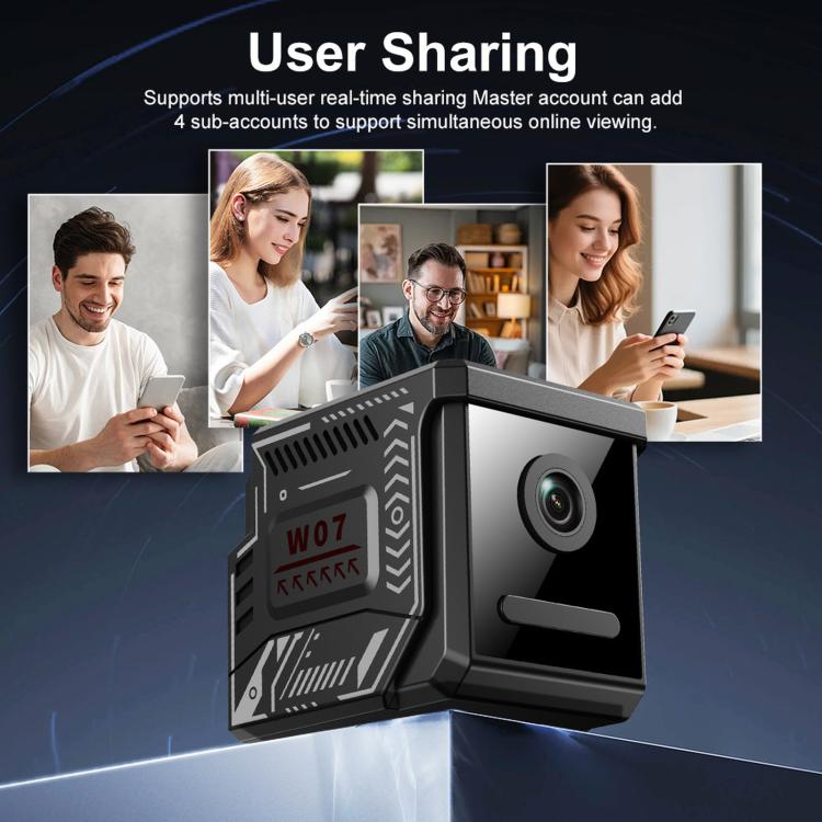 Black security camera with user sharing app tiles and front lens