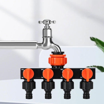 4-way water tap splitter with on-off valves, orange knobs and black quick-connect outlets
