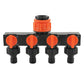 4-way water tap splitter with four orange on-off valves on black manifold and connector stems