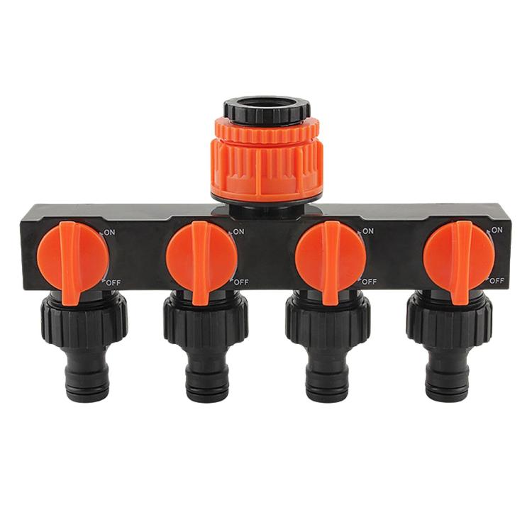 4-way water tap splitter with four orange on-off valves on black manifold and connector stems