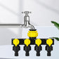 4-way water tap splitter with on-off valves, yellow knobs and black quick-connect outlets