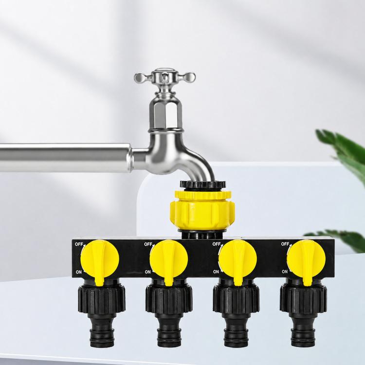 4-way water tap splitter with on-off valves, yellow knobs and black quick-connect outlets
