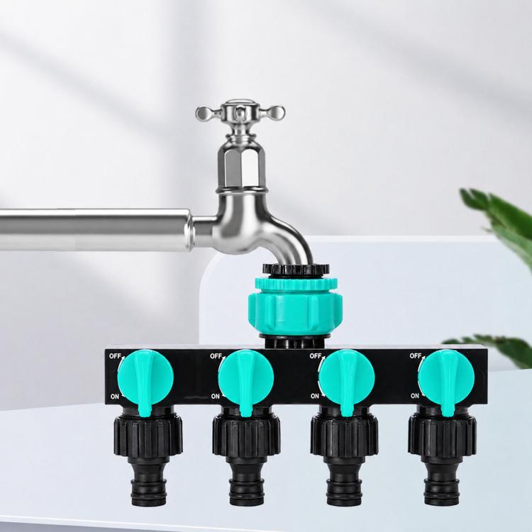 4-way water tap splitter with on-off valves, teal knobs and black quick-connect outlets